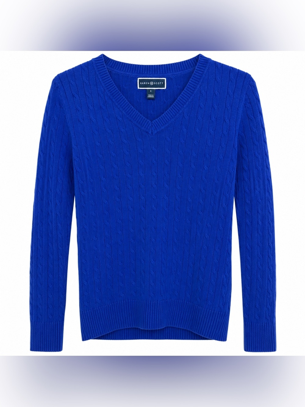 Karen‎ Scott Cable Knit V-Neck Sweater Women's Small Blue Cotton Soft Knit